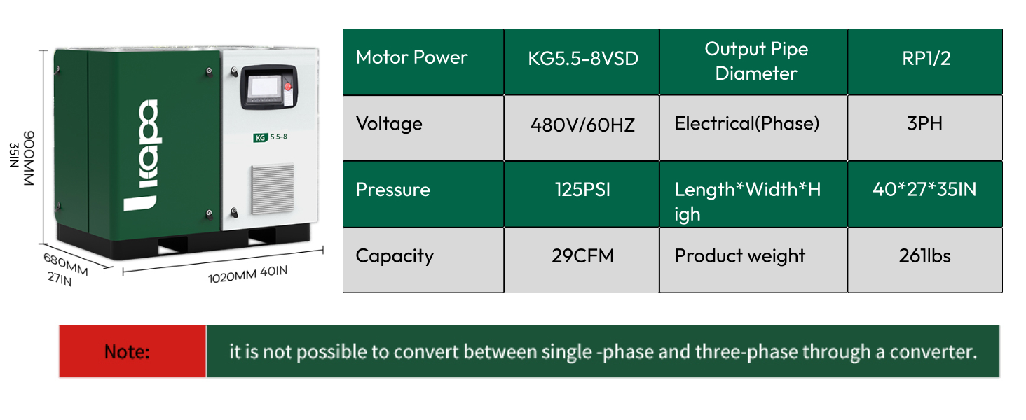 5.5KW 7.5HP VFD Rotary Screw Air Compressor 29cfm 125psi Spin-on Oil Separator
