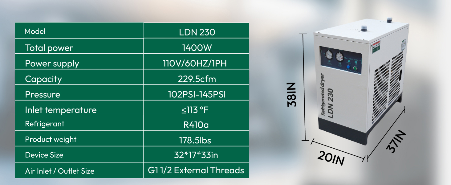 Refrigerated Air Dryer for Compressed Air Systems | Compressed Air Dryer for 40HP-50HP Compressors | 229.5CFM with 3-Stage Filter | Industrial Compressor Accessories