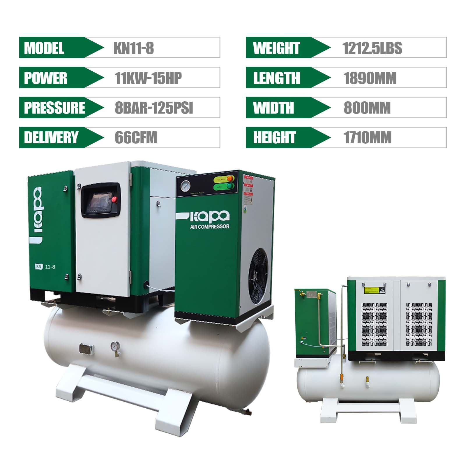 All-in-One 4-in-1 11KW 8BAR Screw Air Compressor with Tank, Dryer & Filters