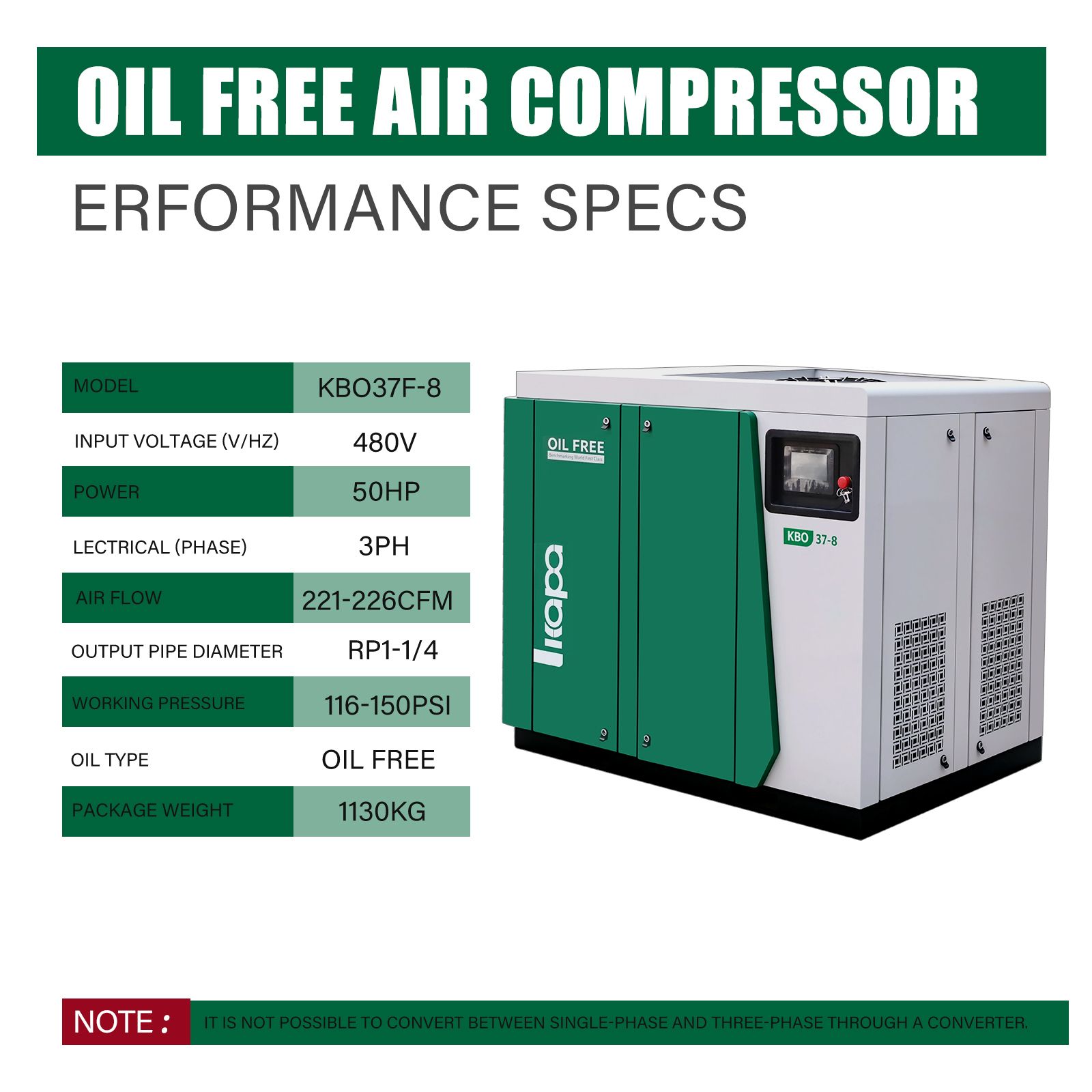 37KW 8bar Oil-free screw air compressor