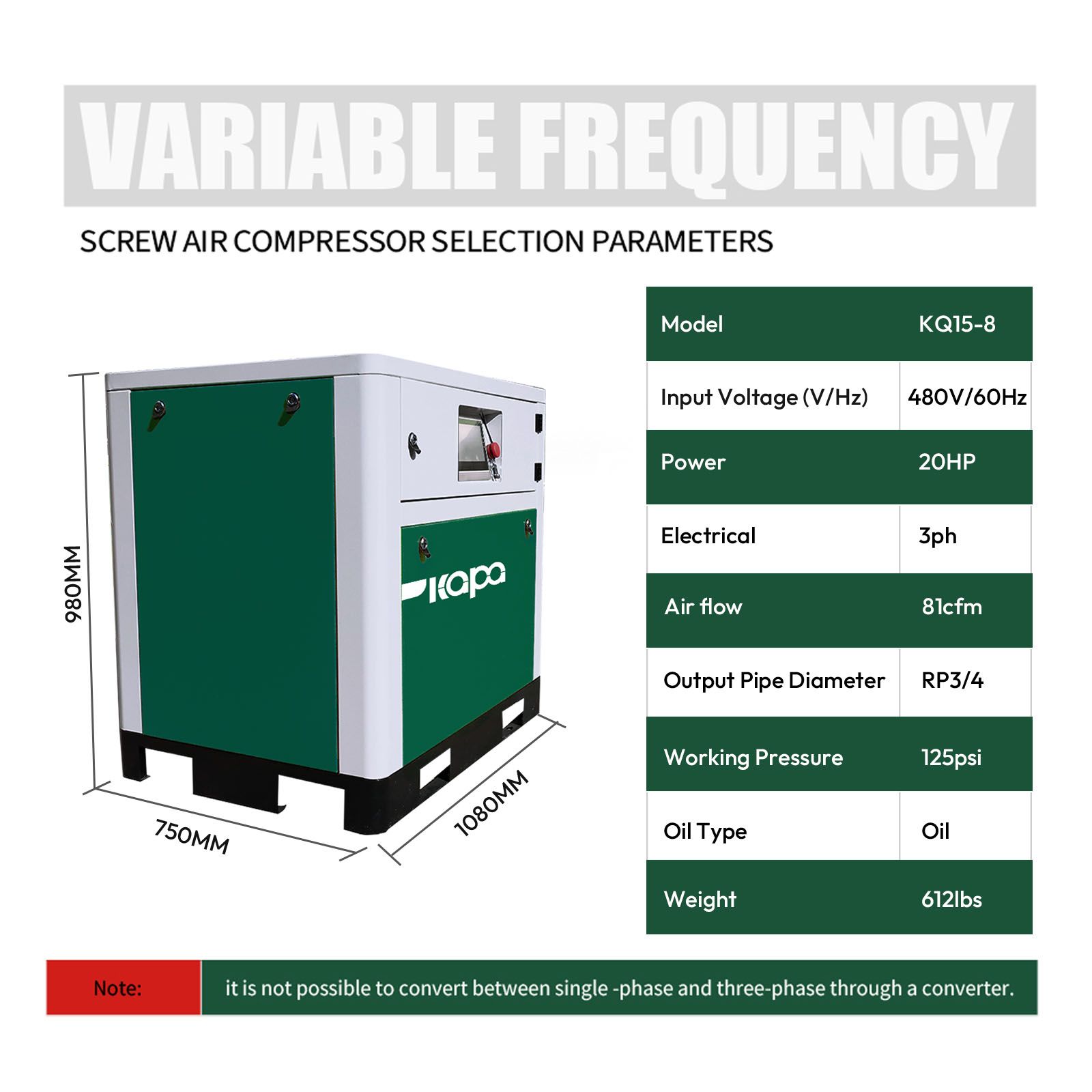 20HP 15KW Rotary Screw Air Compressor | 80.16CFM @ 125 PSI | 480V 3-Phase 60Hz | RP3/4 | VSD