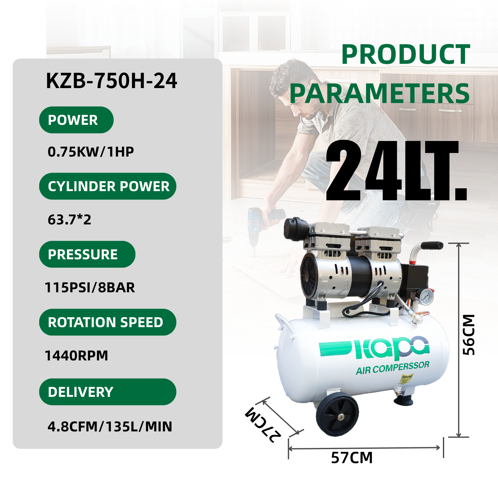 Air Compressor 6 Gallon 1HP 4.8 CFM@ 115PSI 65 dB Ultra Quiet Oil Free