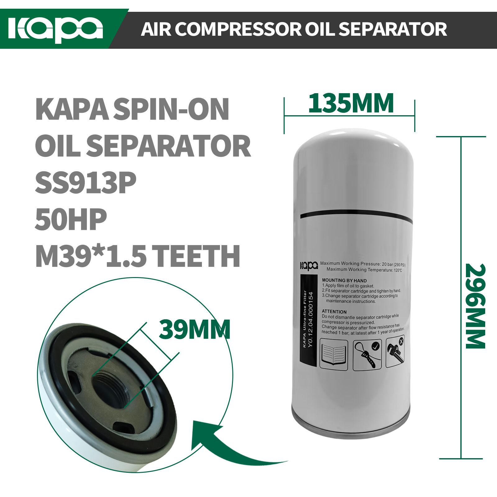 KG 50HP Screw Compressor Replacement Parts Spin-On Oil Separator Oil/Air Filter