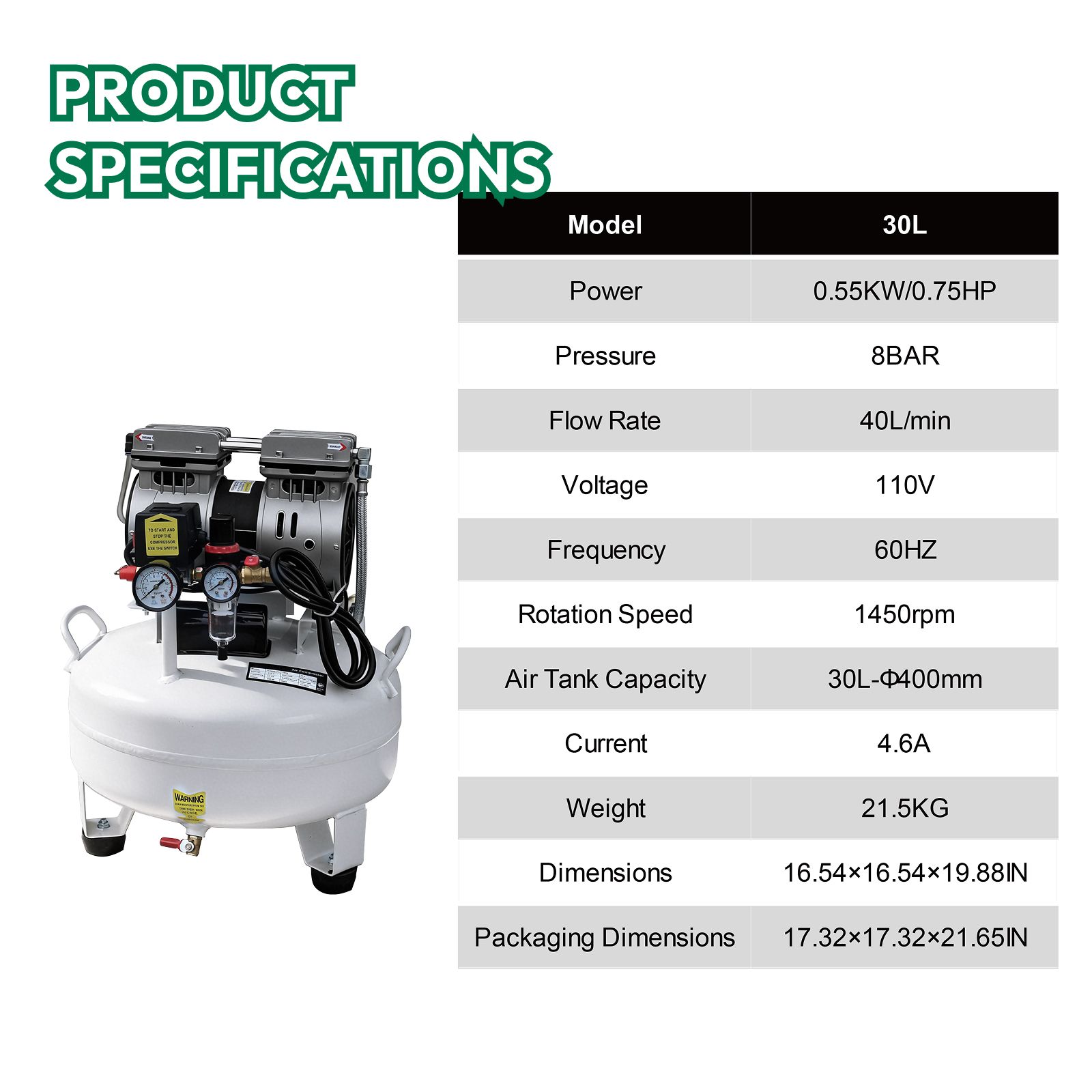 Dental Silent Oil-Free Dental Air Compressor Portable Pump 30L 115psi