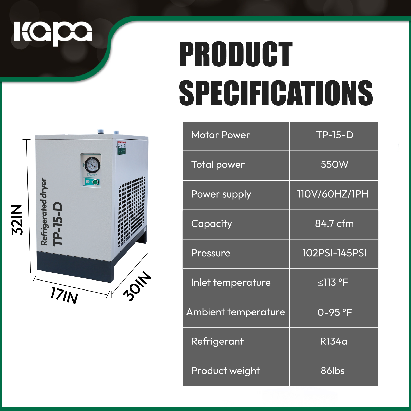 84.7CFM Refrigerated Air Dryer 11HP &15HP COMPRESSORS, 110V 60HZ