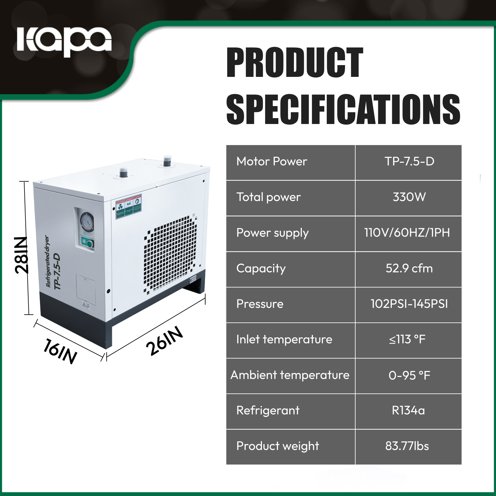 LRSD 53CFM REFRIGERATED COMPRESSED AIR DRYER, 7.5HP &10HP COMPRESSORS, 110V 60HZ