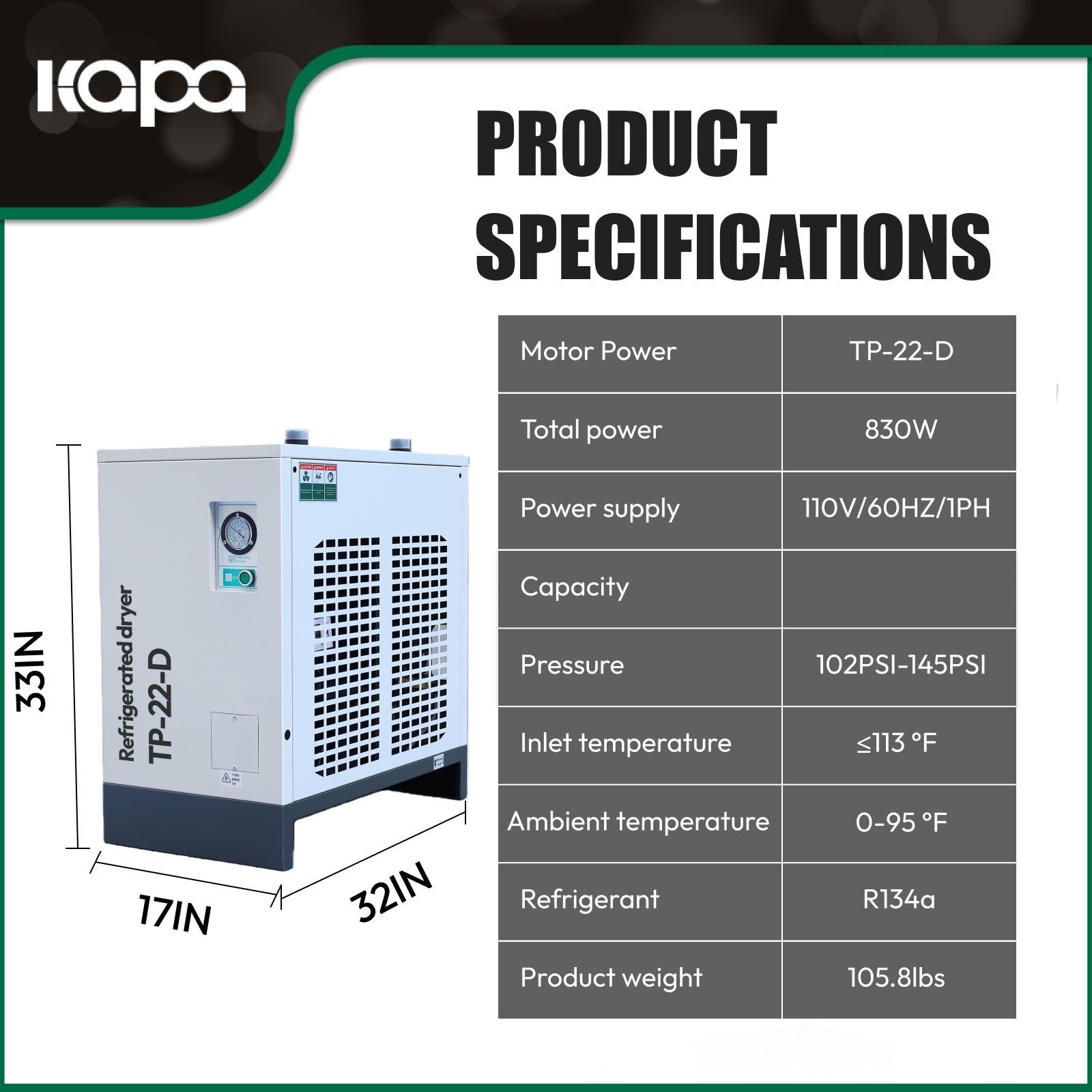 123.6CFM REFRIGERATED COMPRESSED AIR DRYER, 22HP COMPRESSORS, 110V 60HZ