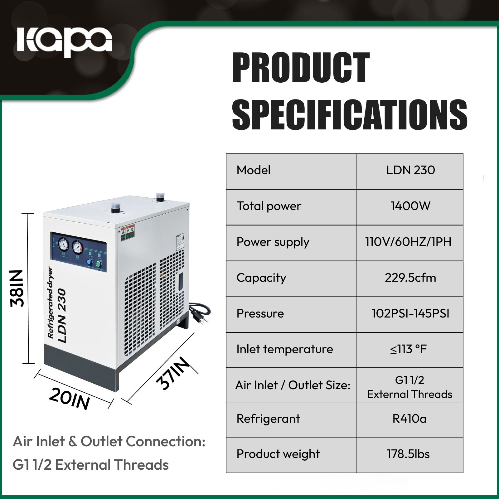 Refrigerated Air Dryer for Compressed Air Systems | Compressed Air Dryer for 40HP-50HP Compressors | 229.5CFM with 3-Stage Filter | Industrial Compressor Accessories