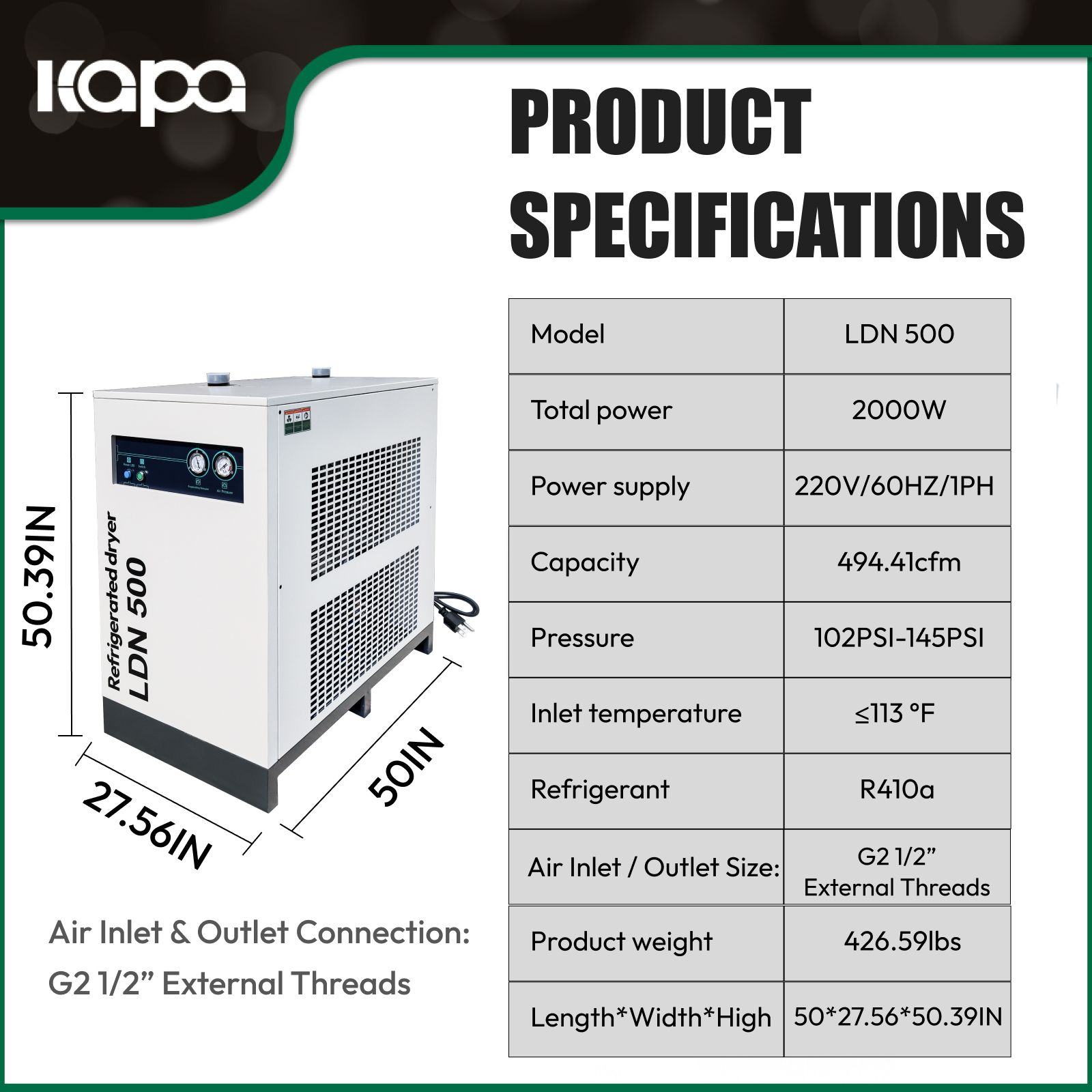 494CFM Refrigerated Air Dryer for Compressor 100 HP Air Compressor, Industrial Compressed Air Drying System, High Flow Compressed Air Dryer