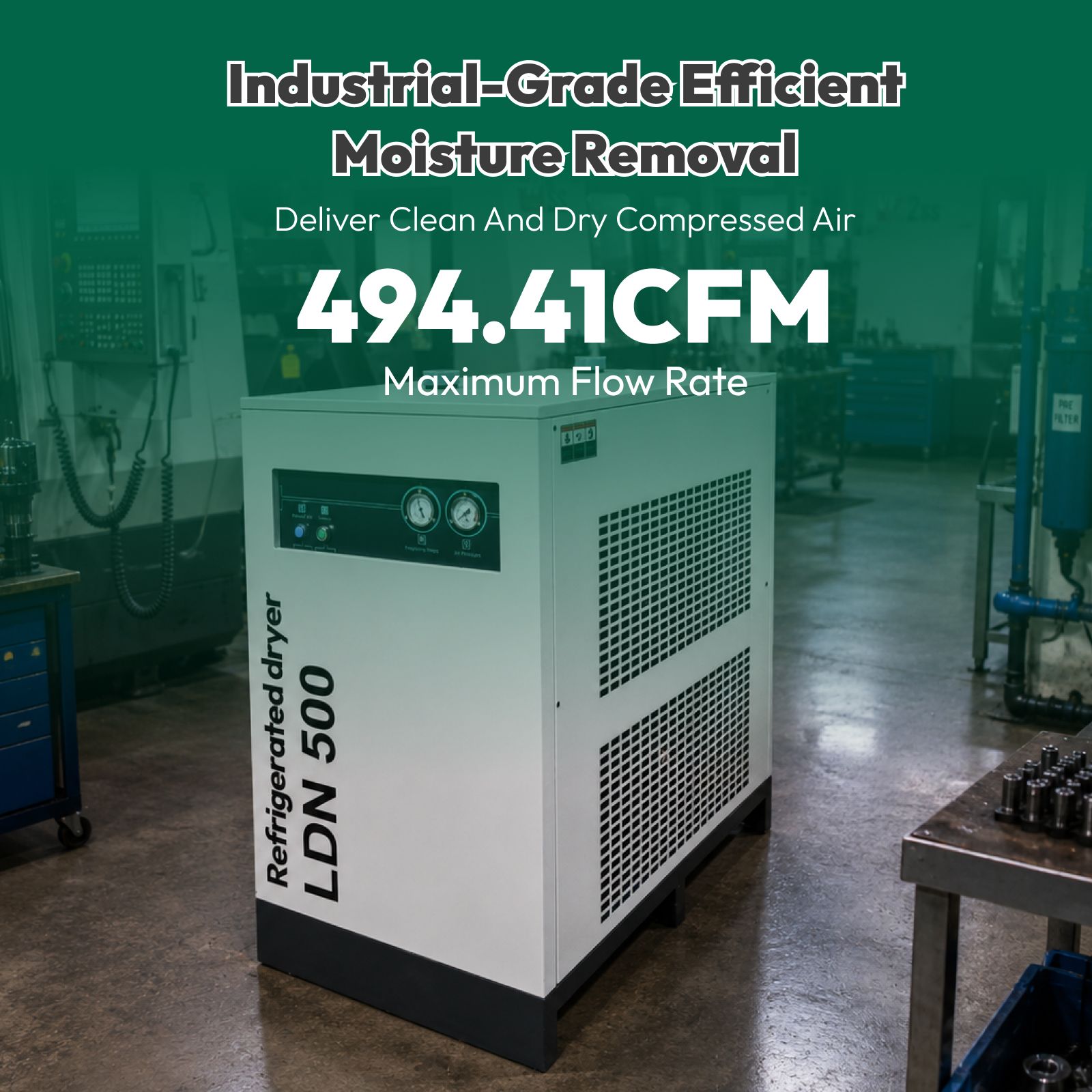 494CFM Refrigerated Air Dryer for Compressor 100 HP Air Compressor, Industrial Compressed Air Drying System, High Flow Compressed Air Dryer
